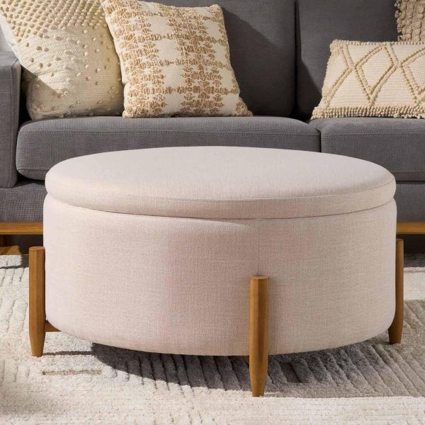 Better Homes and Gardens Springwood Round Storage Ottoman, Cream