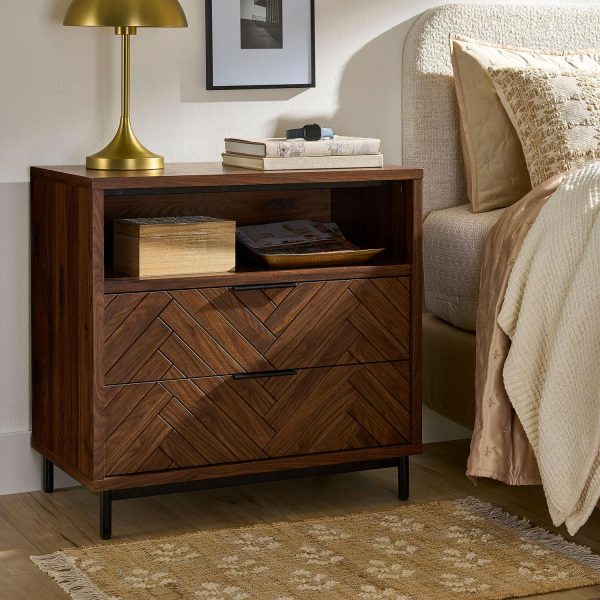 Better Homes and Gardens Wyatt Geo 2-Drawer Nightstand with USB, Walnut Finish