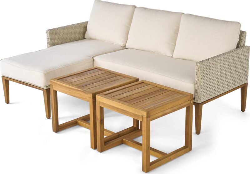 Better Homes and Gardens Outdoor Davenport 5pcs Sofa Lounger with Two Acacia Wood Table with Cushions - White - Image 4