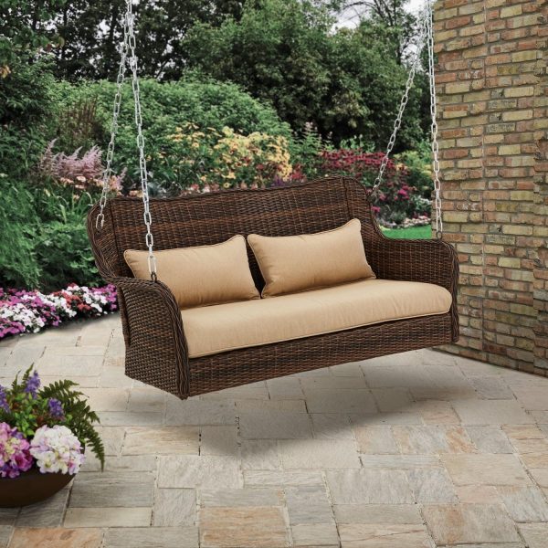 Better Homes and Gardens 2- Seat Camrose Farmhouse Wicker Hanging Porch Swing with Cushions, Brown