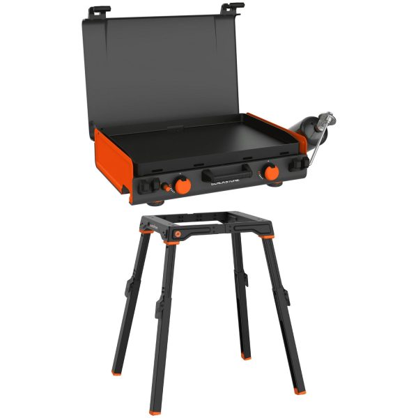 Blackstone Adventure Ready 20a x14a 2-Burner Propane Camping Griddle with Latching Hood and Handle + Blackstone Griddle Leg Kit with Adjustable Legs and Base, 1-Piece