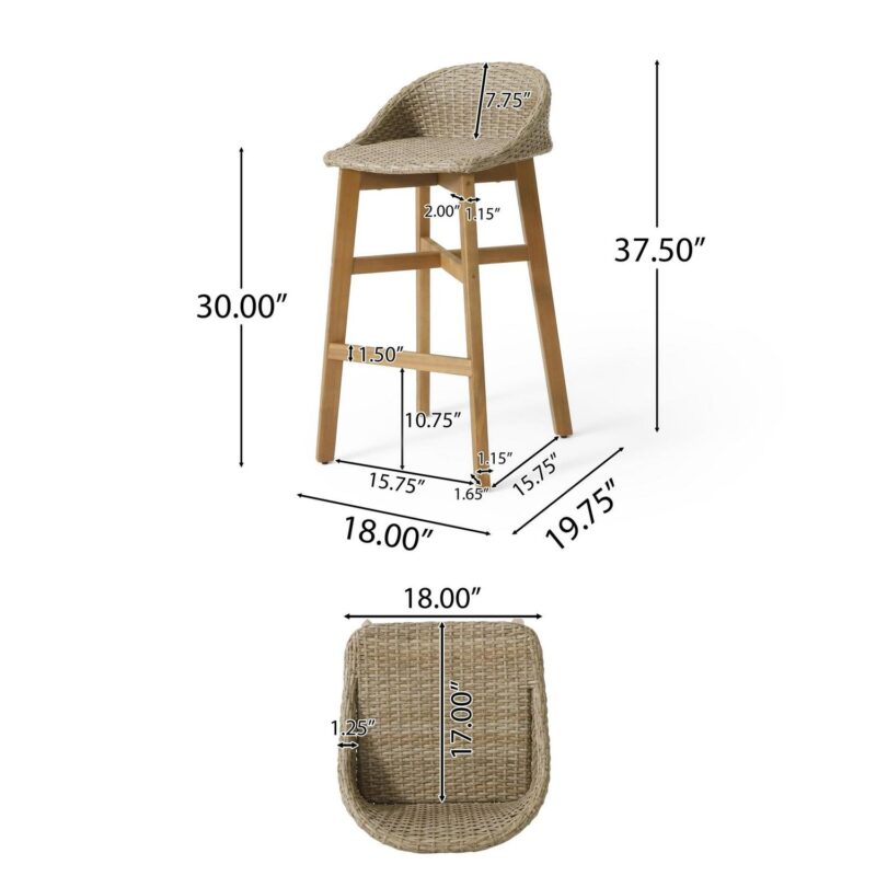 Borah Wicker and Acacia Wood Outdoor Barstools, Set of 4, Light Multibrown and Teak - Image 4