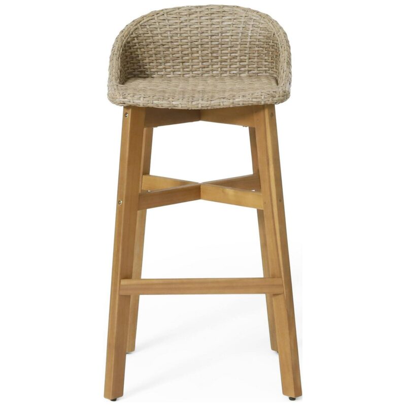 Borah Wicker and Acacia Wood Outdoor Barstools, Set of 4, Light Multibrown and Teak - Image 10