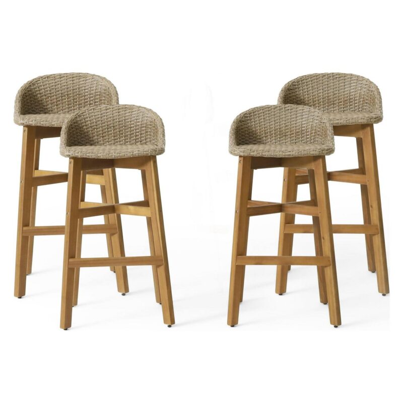 Borah Wicker and Acacia Wood Outdoor Barstools, Set of 4, Light Multibrown and Teak - Image 2