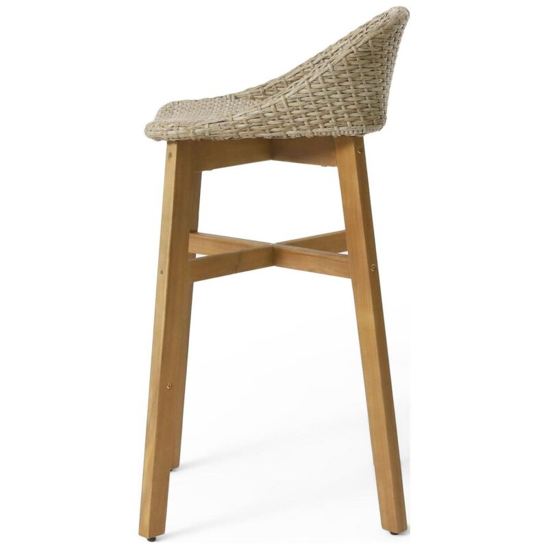 Borah Wicker and Acacia Wood Outdoor Barstools, Set of 4, Light Multibrown and Teak - Image 9