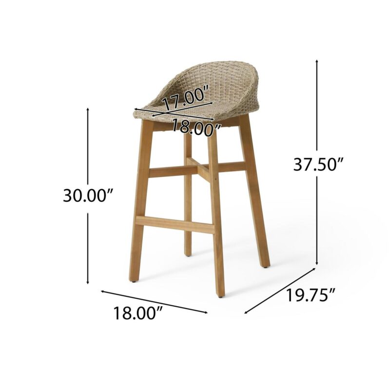 Borah Wicker and Acacia Wood Outdoor Barstools, Set of 4, Light Multibrown and Teak - Image 3