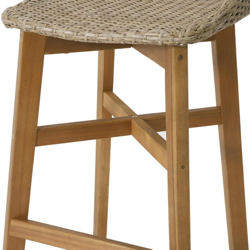 Borah Wicker and Acacia Wood Outdoor Barstools, Set of 4, Light Multibrown and Teak - Image 6