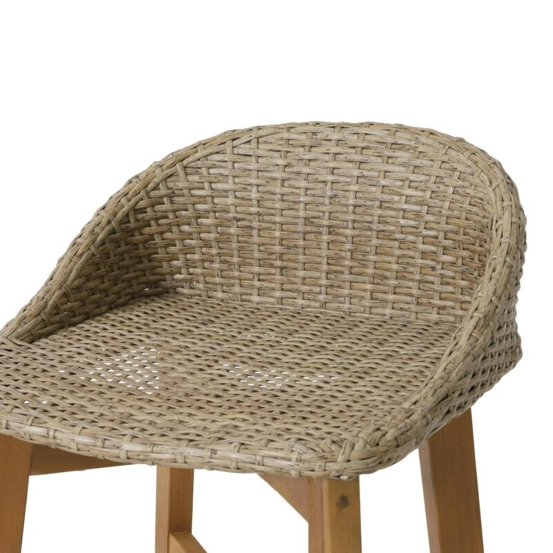 Borah Wicker and Acacia Wood Outdoor Barstools, Set of 4, Light Multibrown and Teak - Image 7