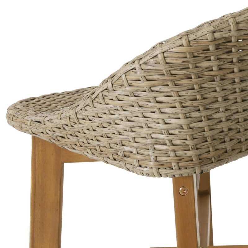 Borah Wicker and Acacia Wood Outdoor Barstools, Set of 4, Light Multibrown and Teak - Image 5