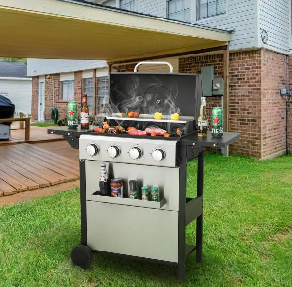 Bryndell 4-burner 34200BTU Propane Gas BBQ Grill with Foldable Side Table, Hanging Basket, Enamel Cooking Grids, Stainless Steel, Black + Grey