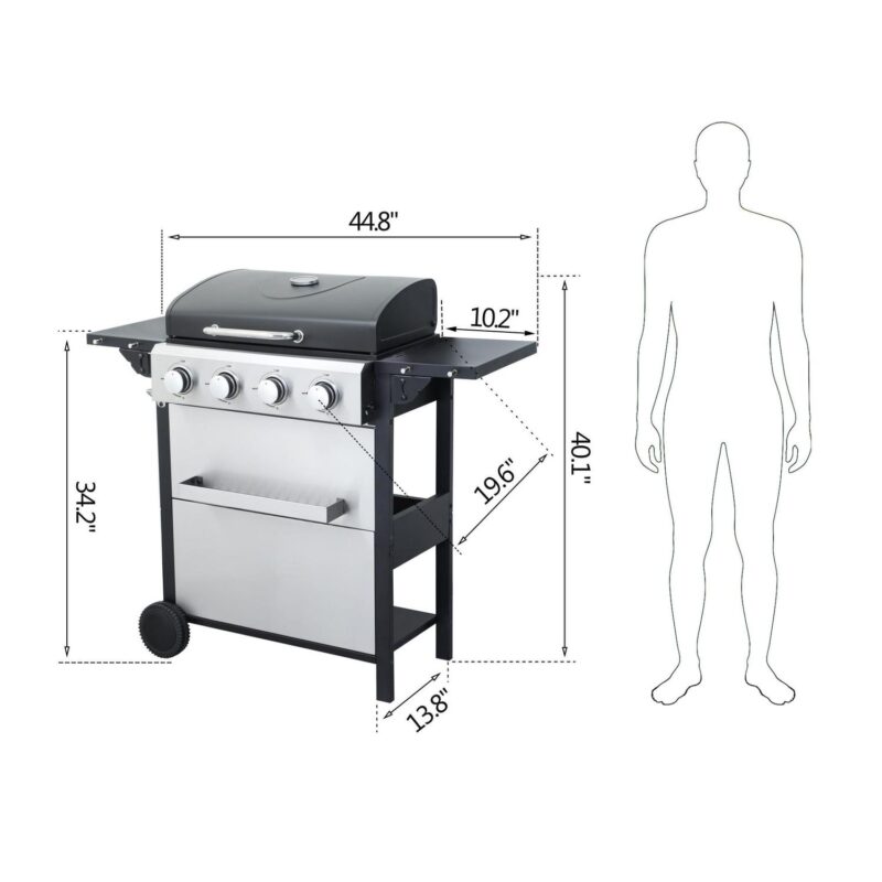 Bryndell 4-burner 34200BTU Propane Gas BBQ Grill with Foldable Side Table, Hanging Basket, Enamel Cooking Grids, Stainless Steel, Black + Grey - Image 3