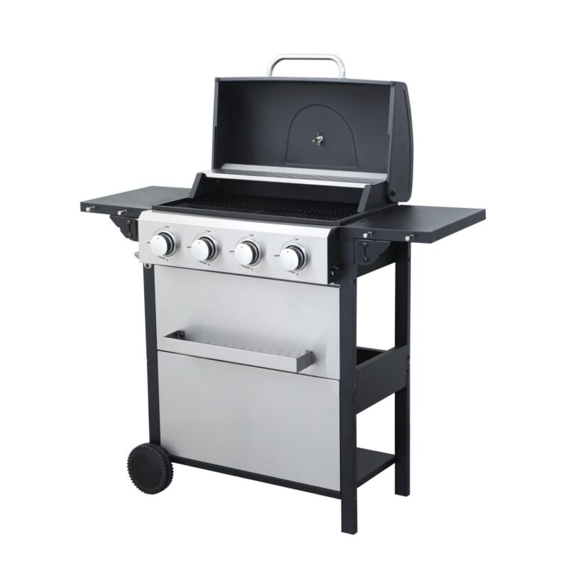 Bryndell 4-burner 34200BTU Propane Gas BBQ Grill with Foldable Side Table, Hanging Basket, Enamel Cooking Grids, Stainless Steel, Black + Grey - Image 4