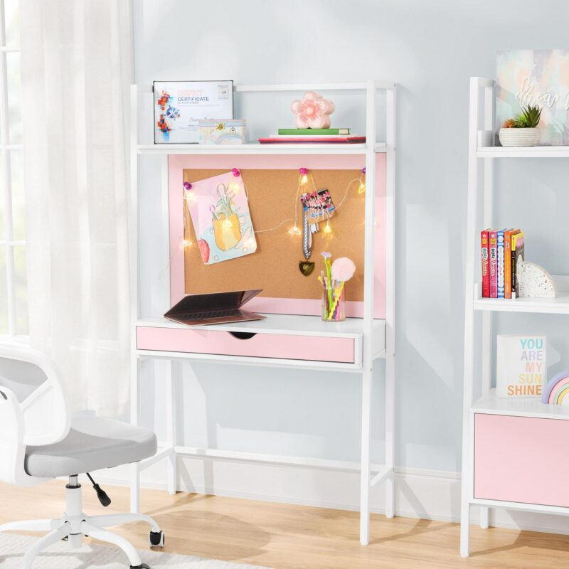 Build Your Own Furniture Kids Ladder Desk with Bulletin Board, Pink/White
