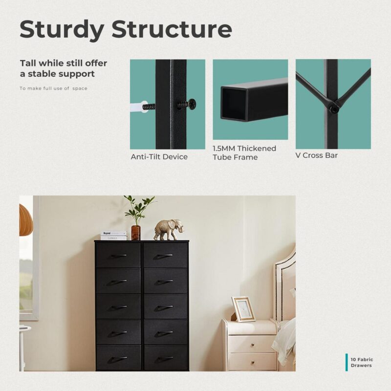 CONCETTA 10 Drawer Dresser for Bedroom, Tall Chest Organizer with Fabric Bins, Steel Frame, Black - Image 4