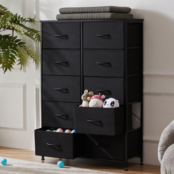 CONCETTA 10 Drawer Dresser for Bedroom, Tall Chest Organizer with Fabric Bins, Steel Frame, Black