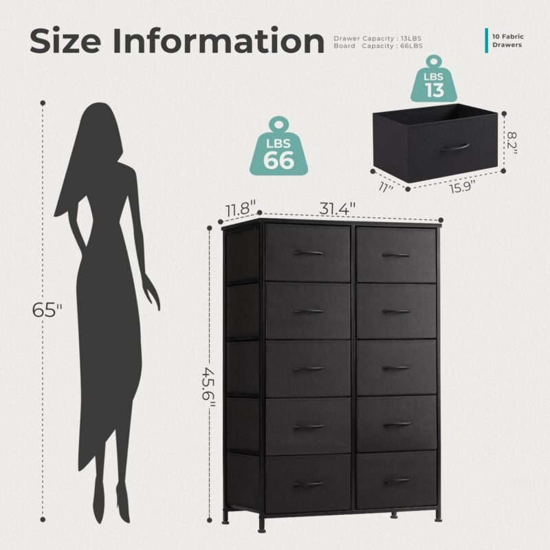 CONCETTA 10 Drawer Dresser for Bedroom, Tall Chest Organizer with Fabric Bins, Steel Frame, Black - Image 5