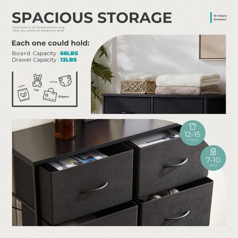 CONCETTA 10 Drawer Dresser for Bedroom, Tall Chest Organizer with Fabric Bins, Steel Frame, Black - Image 6