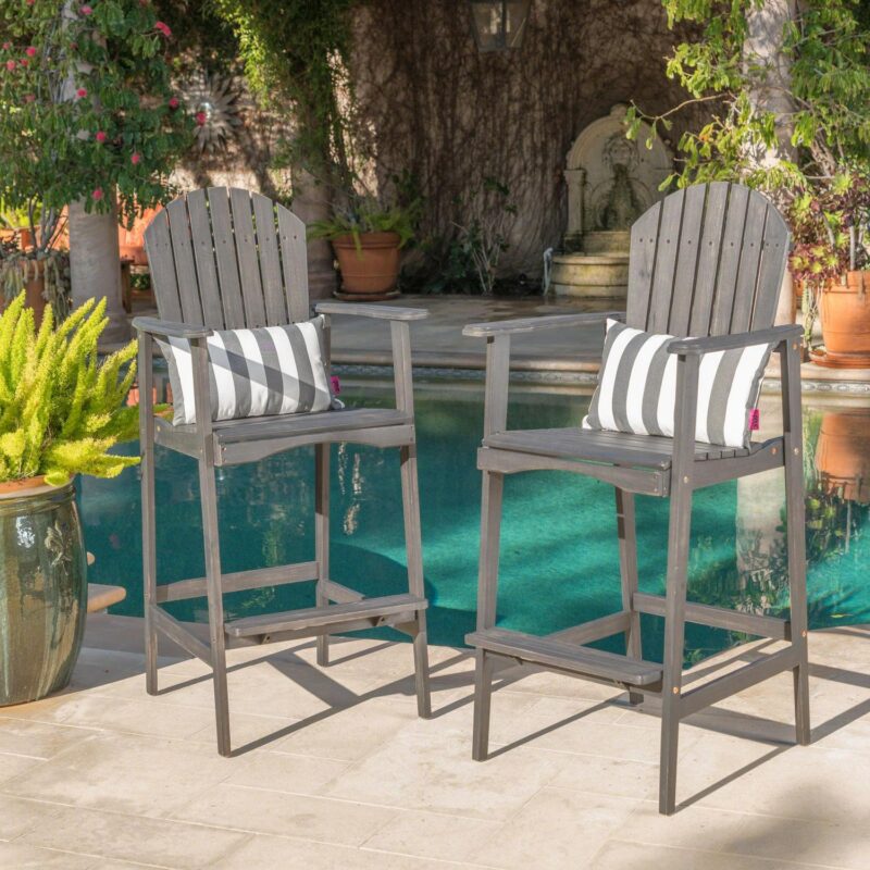 Carla Outdoor Acacia Wood Adirondack Barstools, Set of 2, Dark Grey
