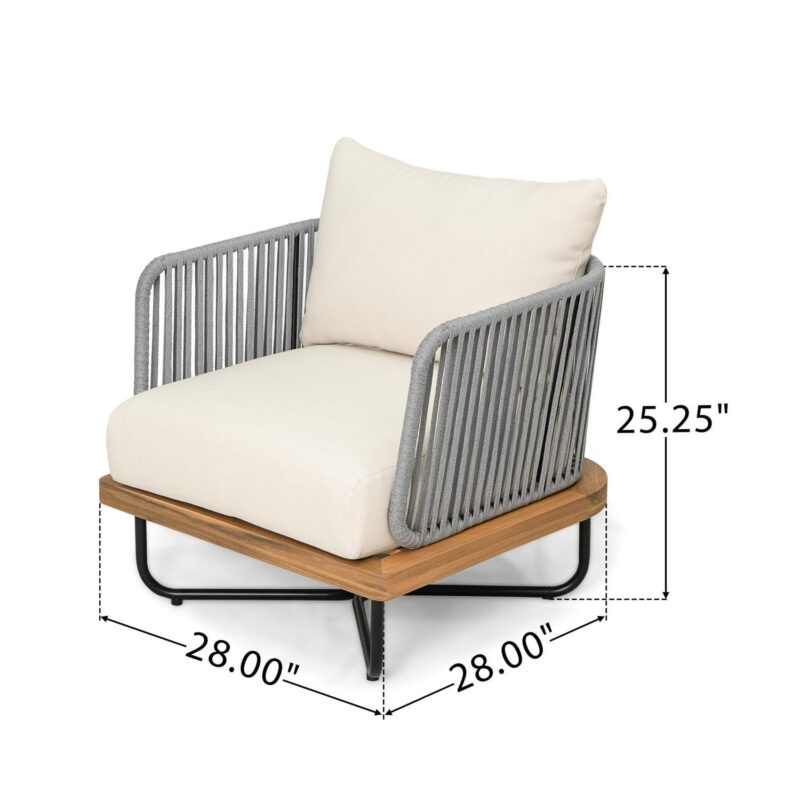 Cassants Upholstered Outdoor Patio Lounge Chair with Iron Base, Acacia Wood, Beige - Image 3