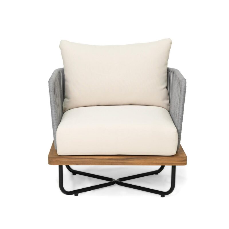 Cassants Upholstered Outdoor Patio Lounge Chair with Iron Base, Acacia Wood, Beige - Image 10