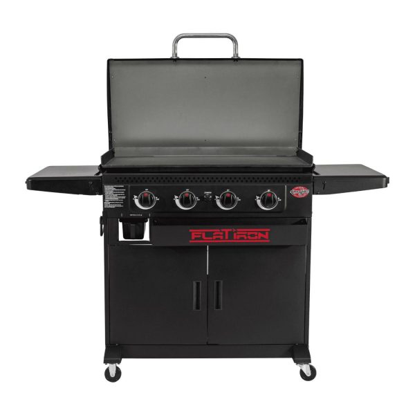 Char-Griller Flat Iron 4-Burner Gas Griddle in Black with Closed Cart Storage