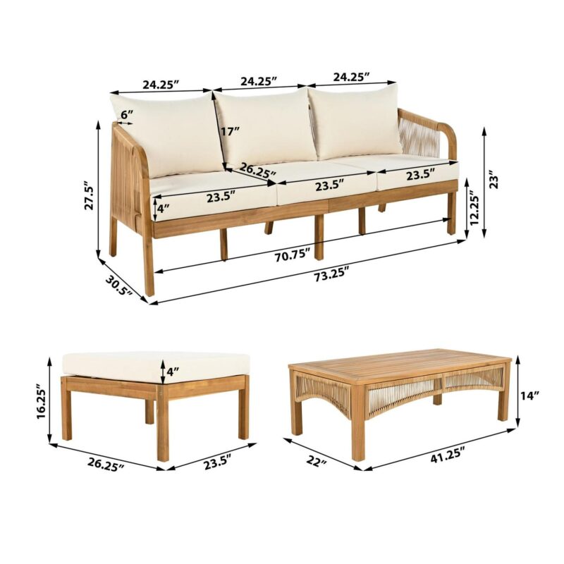 Christopher Knight Home 3-Piece Outdoor Rattan Sectional Sofa Set with Coffee Table, Beige Cushions, Teak Finish - Image 3