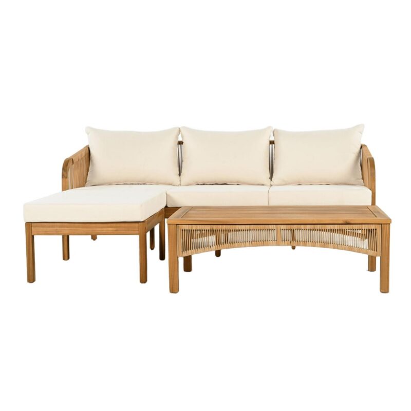 Christopher Knight Home 3-Piece Outdoor Rattan Sectional Sofa Set with Coffee Table, Beige Cushions, Teak Finish - Image 2