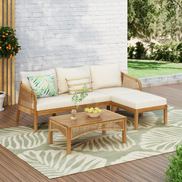 Christopher Knight Home 3-Piece Outdoor Rattan Sectional Sofa Set with Coffee Table, Beige Cushions, Teak Finish