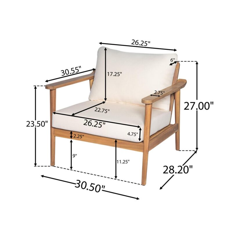 Christopher Knight Home Mid-Century Modern Outdoor Lounge Chair, Solid Wood Frame, Beige Cushion, Set of 2 - Image 3