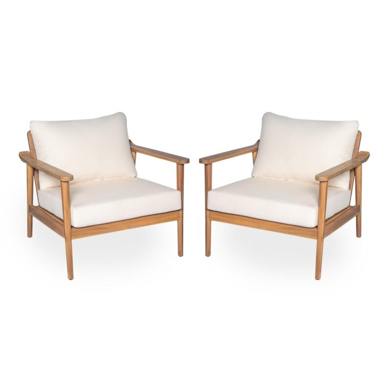 Christopher Knight Home Mid-Century Modern Outdoor Lounge Chair, Solid Wood Frame, Beige Cushion, Set of 2 - Image 2