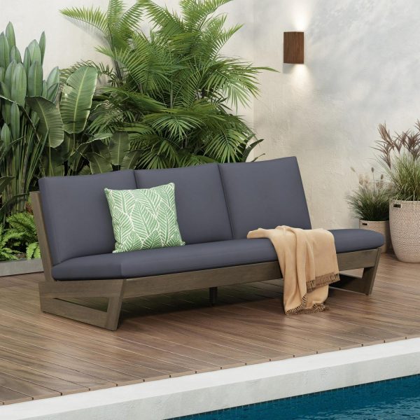 Christopher Knight Home Outdoor 3 Seater Sofa with Slatted Wood Frame and Cushions, Deep Seating, Dark Grey