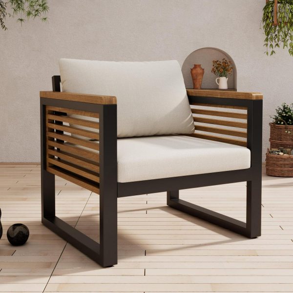 Christopher Knight Home Minimalist Outdoor Industrial Lounge Chair with Wood Armrests, Metal Frame, Beige Cushion