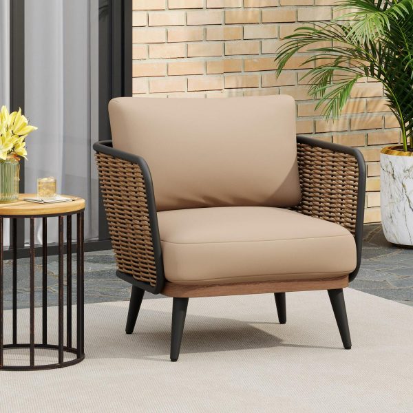 Christopher Knight Home Modern Outdoor Wicker Lounge Chair with Waterproof Cushions, Metal Frame, Beige