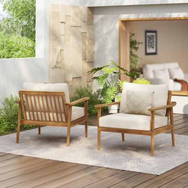 Christopher Knight Home Mid-Century Modern Outdoor Lounge Chair, Solid Wood Frame, Beige Cushion, Set of 2