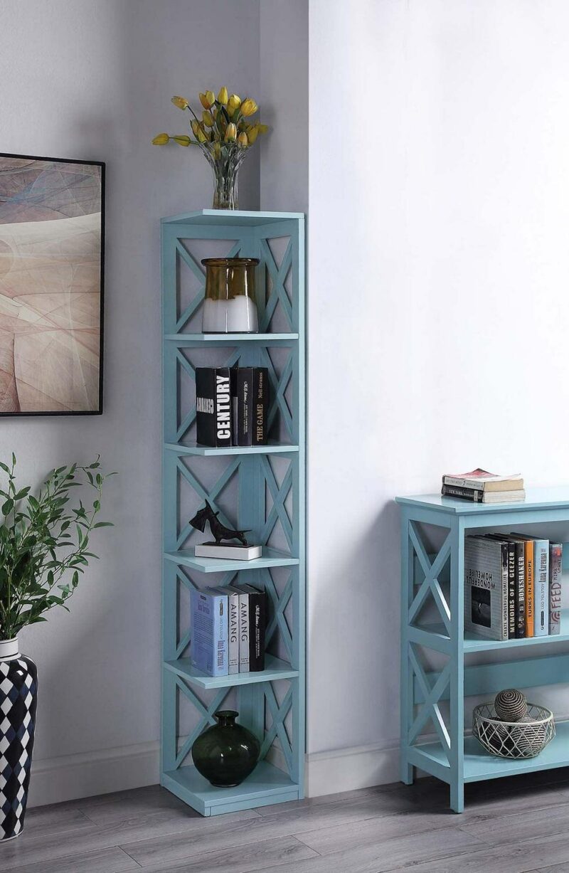 Convenience Concepts Oxford 5 Tier Corner Bookcase, Sea Foam Blue