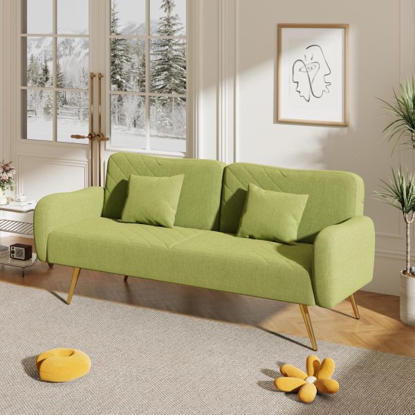 Convertible Folding Futon Sofa Bed Sleeper Couch for Living Room,70 inch Linen Upholstered Recliner Loveseat Daybed with Adjustable Backrest,2 Throw Pillows for Compact Space,Dorm,Green