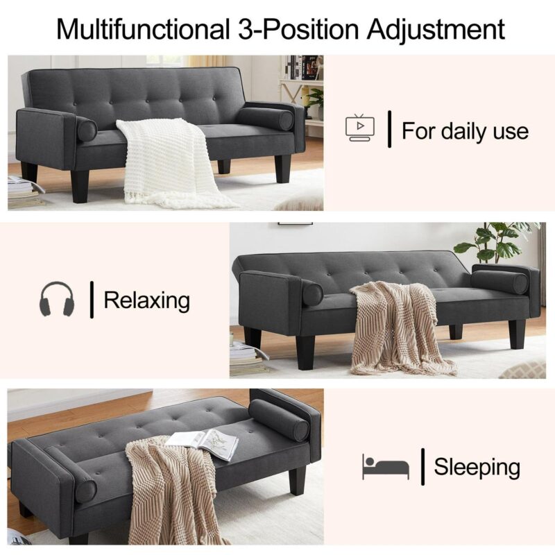 Convertible Futon Sofa Bed,Gray Upholstered Futon Couch Fabric Sleeper Sofa for Living Room Apartment - Image 4