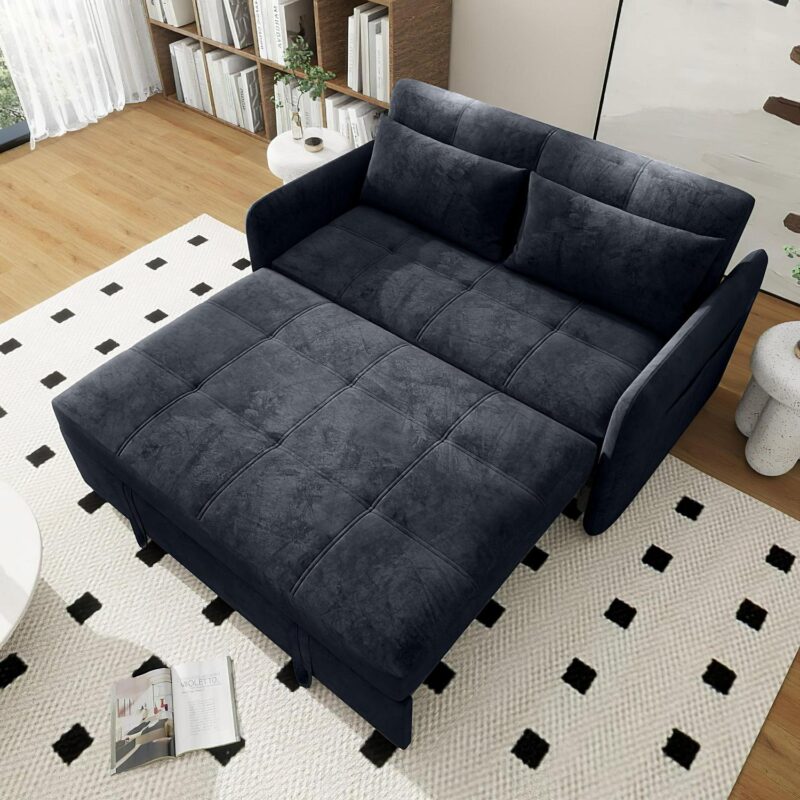 DEALTOPS Convertible Sofa Bed with USB, 55'' Loveseat Sleeper for Living Room, Apartment, Bedroom, Black Velvet