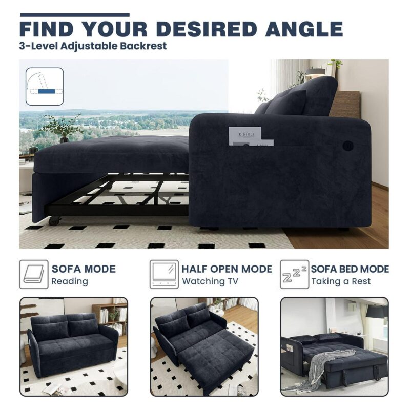 DEALTOPS Convertible Sofa Bed with USB, 55'' Loveseat Sleeper for Living Room, Apartment, Bedroom, Black Velvet - Image 5