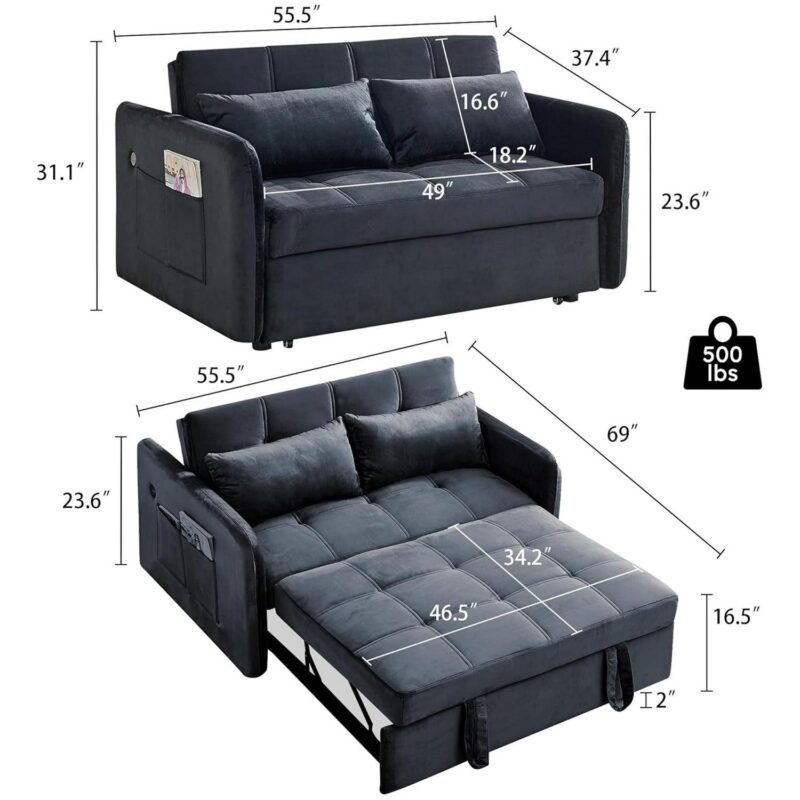 DEALTOPS Convertible Sofa Bed with USB, 55'' Loveseat Sleeper for Living Room, Apartment, Bedroom, Black Velvet - Image 7