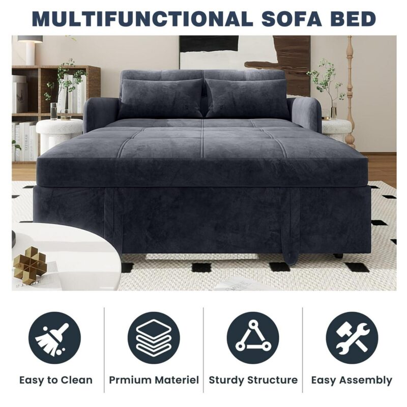 DEALTOPS Convertible Sofa Bed with USB, 55'' Loveseat Sleeper for Living Room, Apartment, Bedroom, Black Velvet - Image 6