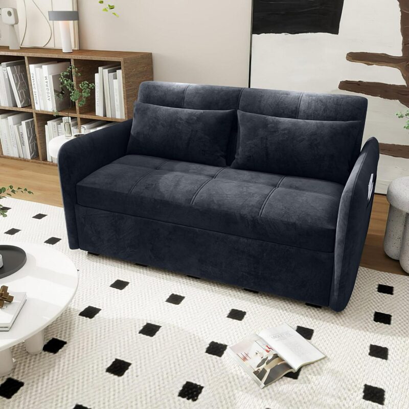 DEALTOPS Convertible Sofa Bed with USB, 55'' Loveseat Sleeper for Living Room, Apartment, Bedroom, Black Velvet - Image 2