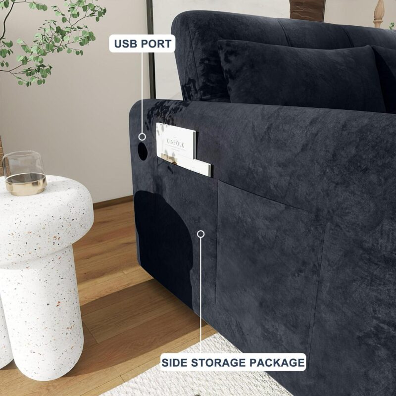 DEALTOPS Convertible Sofa Bed with USB, 55'' Loveseat Sleeper for Living Room, Apartment, Bedroom, Black Velvet - Image 4