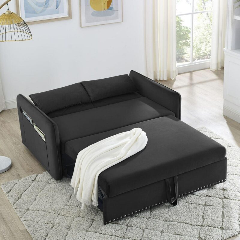 DEALTOPS Pull Out Sofa Bed, Convertible Loveseat Sleeper Sofa with USB Ports and Side Pockets, Black - Image 7
