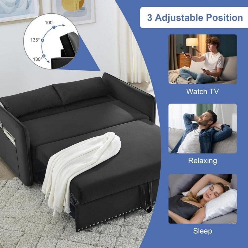 DEALTOPS Pull Out Sofa Bed, Convertible Loveseat Sleeper Sofa with USB Ports and Side Pockets, Black - Image 4