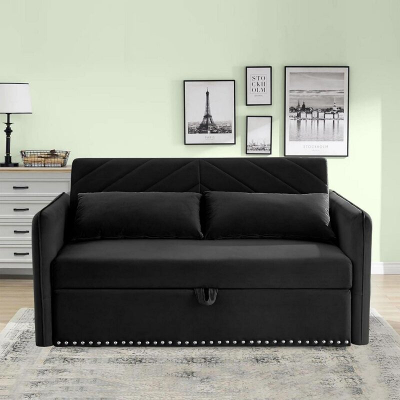 DEALTOPS Pull Out Sofa Bed, Convertible Loveseat Sleeper Sofa with USB Ports and Side Pockets, Black - Image 2