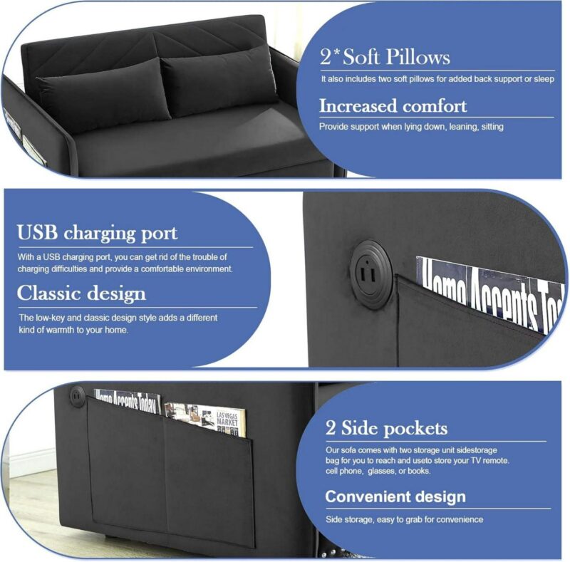 DEALTOPS Pull Out Sofa Bed, Convertible Loveseat Sleeper Sofa with USB Ports and Side Pockets, Black - Image 5