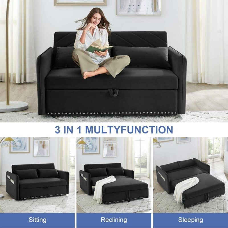 DEALTOPS Pull Out Sofa Bed, Convertible Loveseat Sleeper Sofa with USB Ports and Side Pockets, Black - Image 3