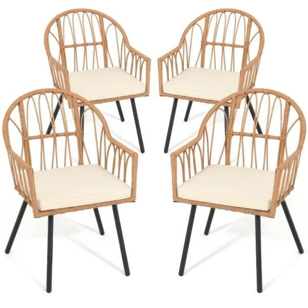 DEXTRUS 4 Pieces Rattan Wicker Dinning Chairs, Patio Furniture Set with Cushion and Curved Back All Weather Bistro Chair for Garden Backyard Porch Poolside Restaurant