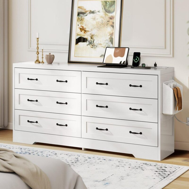 DEXTRUS 6-Drawer Double Dresser with Power Outlets, Wood Storage Cabinet Chest of Drawers, White